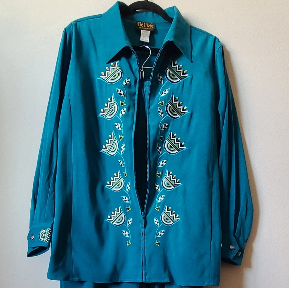 Bob Mackie Wearable Art Teal Jacket Top and Pant Suit 1X